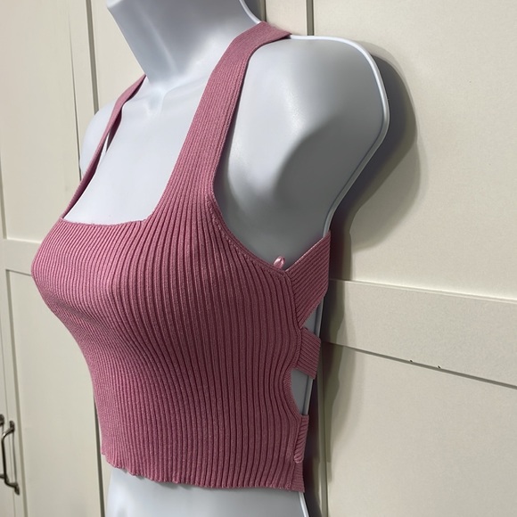 Love Tree Pink Ribbed Square Neck Tie Back Crop Tank Top Size S NWT - Picture 3 of 8